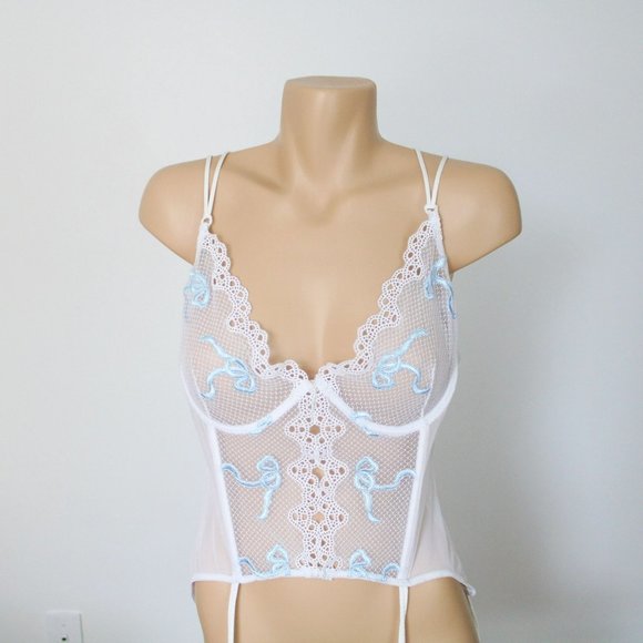 Fredericks of Hollywood Bustier Size 38 Garter Straps White Blue Ribbons B49 - Picture 7 of 14